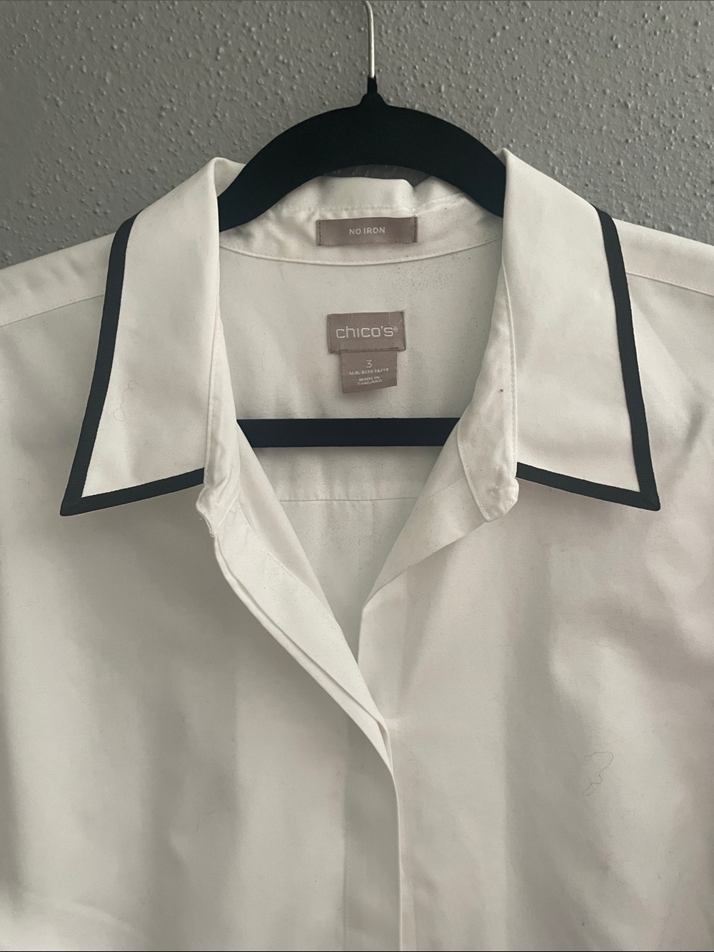 Chico's White Button-Up Shirt with Black Trim